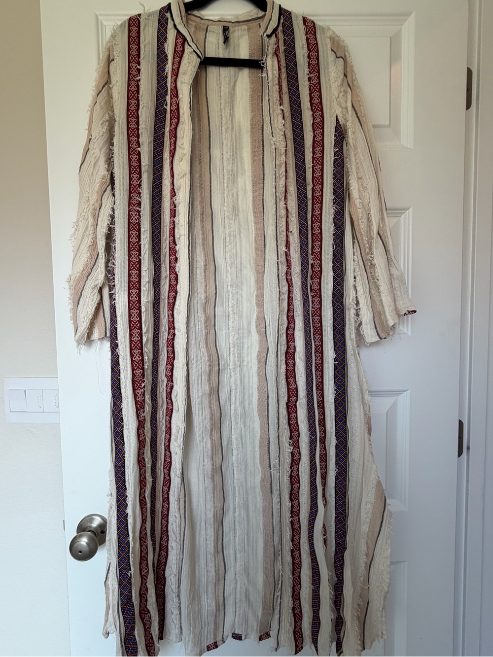 Zara Cream Long Striped Open Front Kaftan with Red & Navy Cross Stitching.